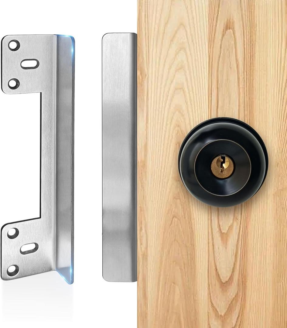 Door Latch Guard Plate 7 with 1 Offset Cover, Satin Nickel, Outswing Door Security Protector Shield, Heavy Duty Version, Door Knob/Deadbolt Latch Protector Plate (1 Pack)