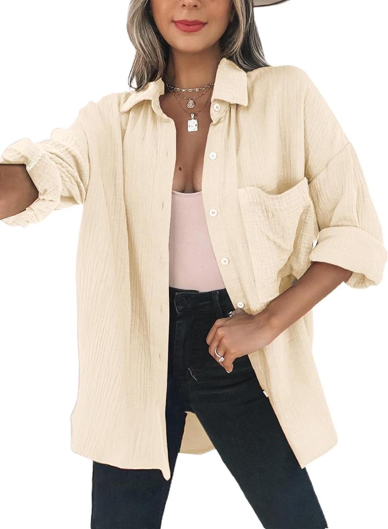 Dokotoo Womens Color Block Button Down Shirts Long Sleeve Oversized Boyfriend Blouses Tops (L)