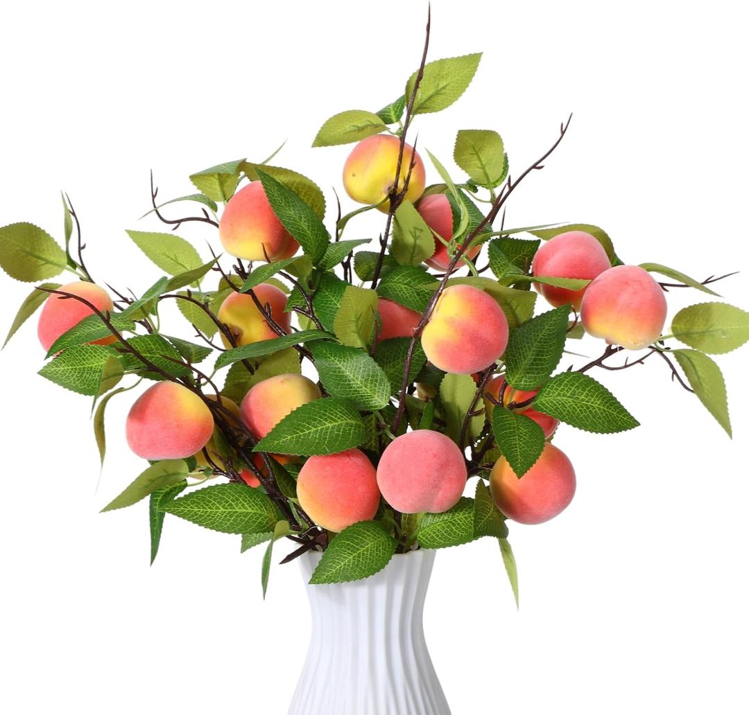 Daifunli 10 Pcs Artificial Peach Branches Realistic Artificial Peach Fruits with Green Leaves Simulation Branches Decoration for Vase Home Party Decoration (2 Peaches,14.96 Inch)