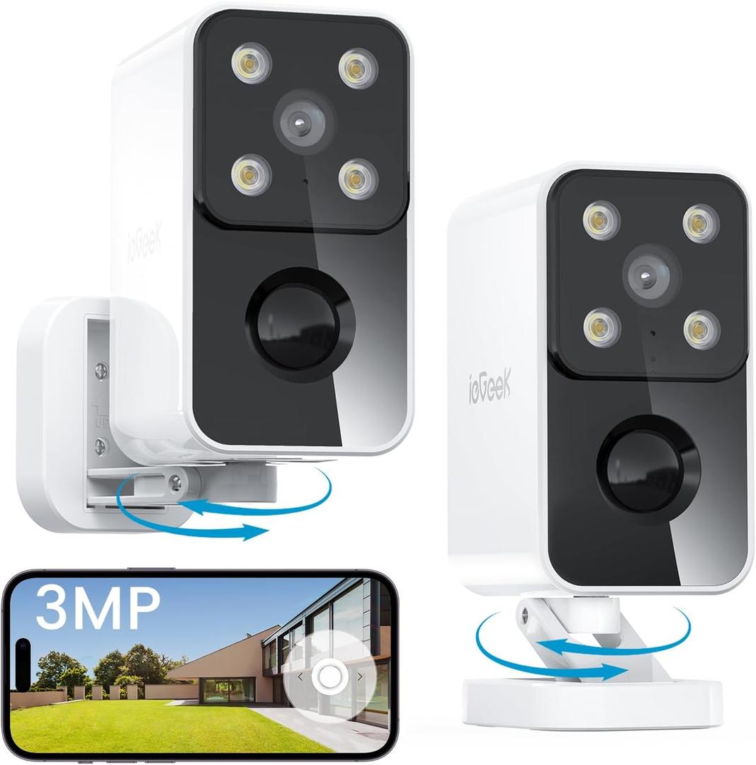 ieGeek Security Cameras Wireless Outdoor Pan Rotating 180 Home Outdoor Security Camera, 2K Battery Powered WiFi Camera with AI Motion Detection, Spotlight/Siren,Color Night Vision,Works w/Alexa(2Pcs)