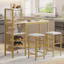 VECELO Bar Table and Chairs Set for 2, 3-Piece Dining Set with Storage Shelves, Cup Holder & Wine Rack, PU Leather Cushion Stools, for Kitchen Small Space, Gold
