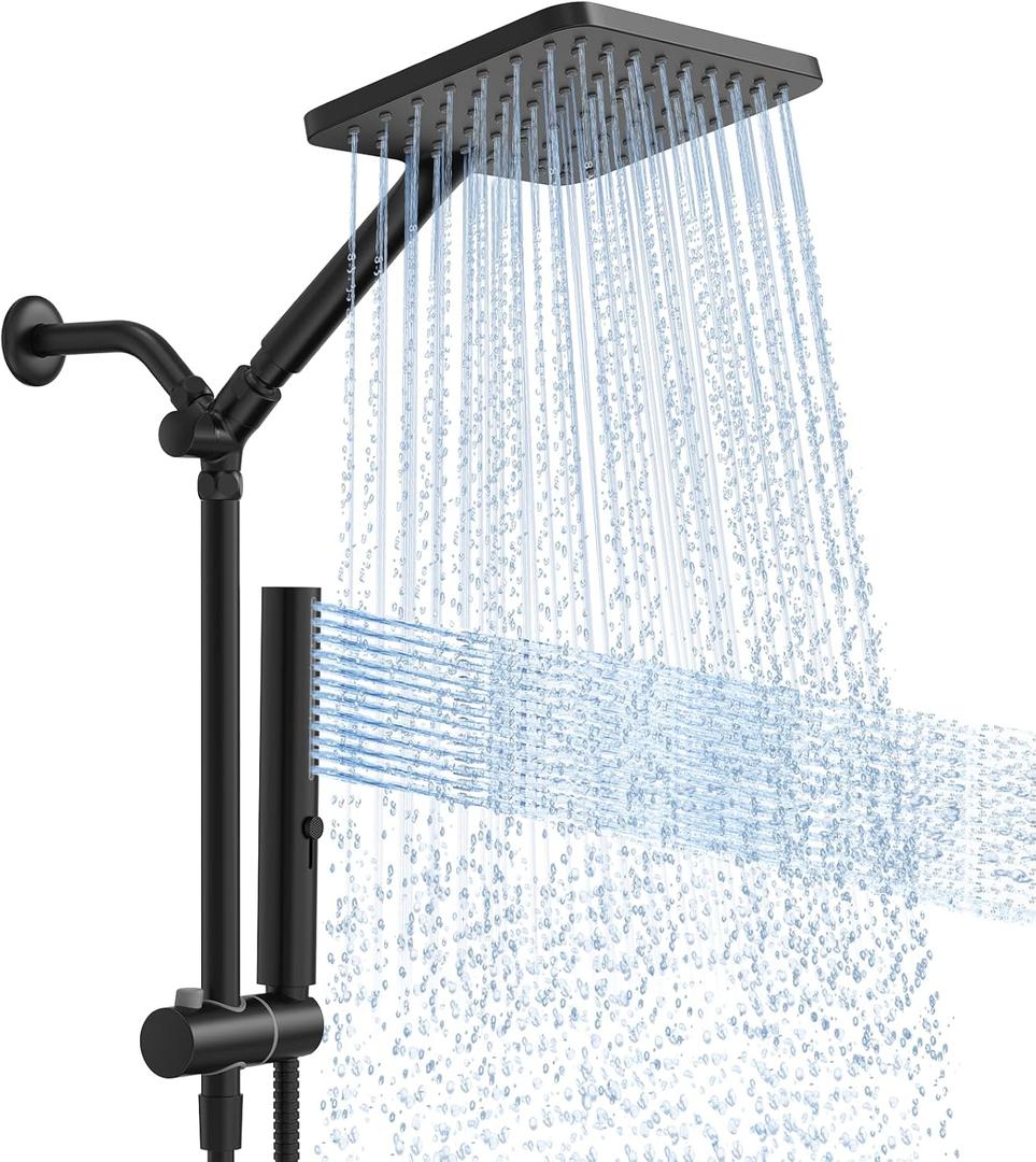 Shower Heads with Handheld Spray Combo Matte Black, 10 Inch High Pressure Rain/Rainfall Shower Head, Height Adjustable Dual 2 in 1 Shower Head System with Stainless Steel Hose