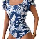 Eomenie Women's Tummy Control One Piece Swimsuit Ruffle Square Neck Bathing Suit Ruched Cutout Back Slimming Swimwear (Blue, XXL)