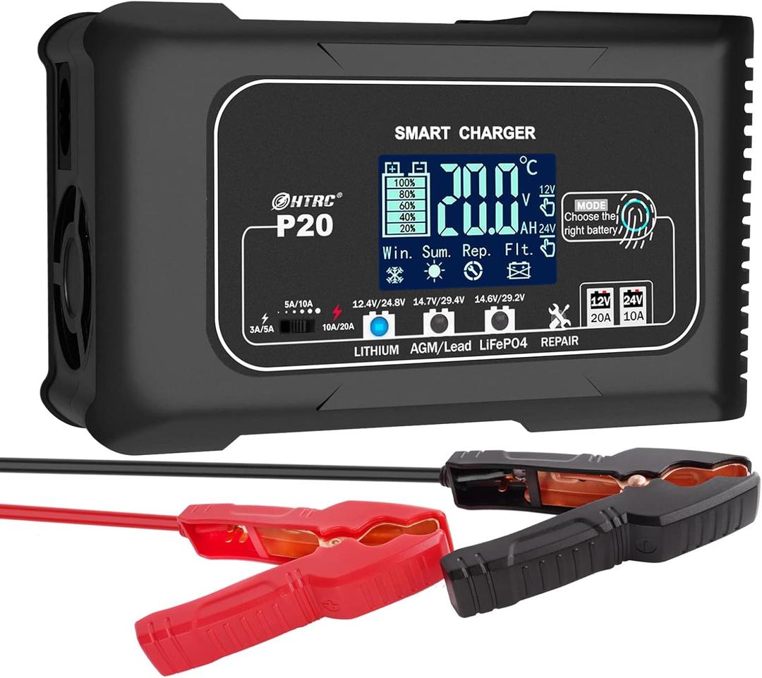 20-Amp Smart Battery Charger,Lithium,LiFePO4,Lead-Acid(AGM/Gel/SLA..) Car Battery Charger, Trickle Charger, Maintainer/deep Cycle Charger,12V/20A and 24V/10A,for Boat, Motorcycle, Lawn Mower, Golf cart..