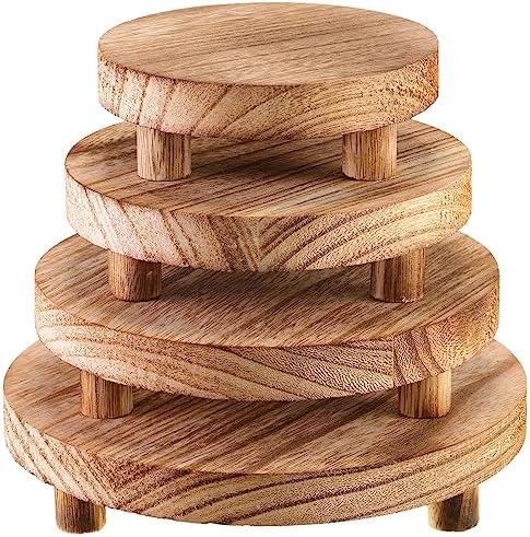 Geetery 4 Pcs Wooden Risers for Display Wood Pedestal Stand Mini Tray Stand Round Wooden Pedestal Holder Rustic Riser for Decor Tiered Tray Decor Home Kitchen, 4 Size(Light Brown)