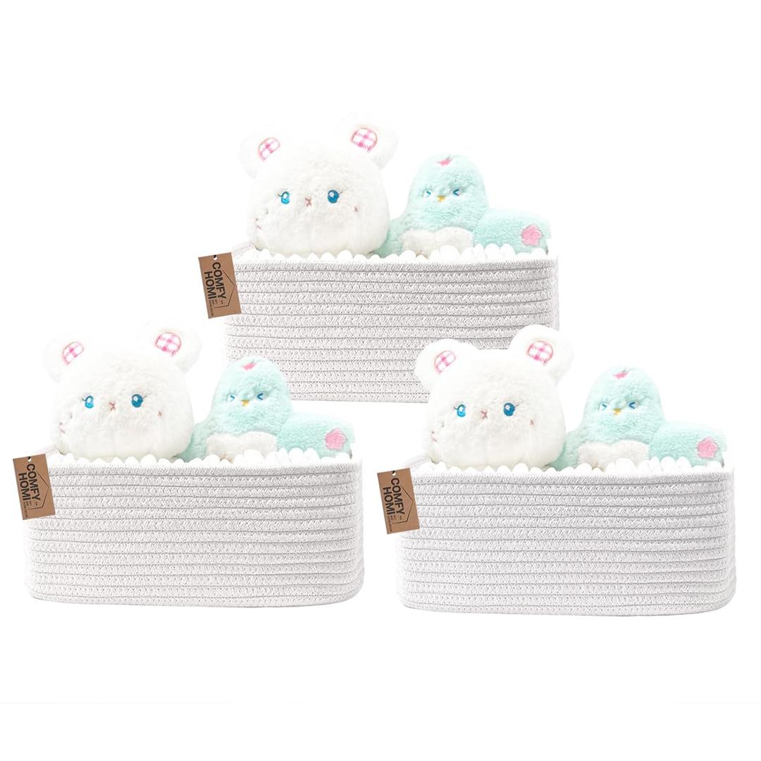 COMFY-HOMI 13" x 8.5" x 5.1" Storage Baskets for Organizing | Cotton Rope Woven Basket | Toy Storage Bin Box | Basket for Shelves, Closet Organizer Bin, Decorative Closet Shelf, 3 Pack, White