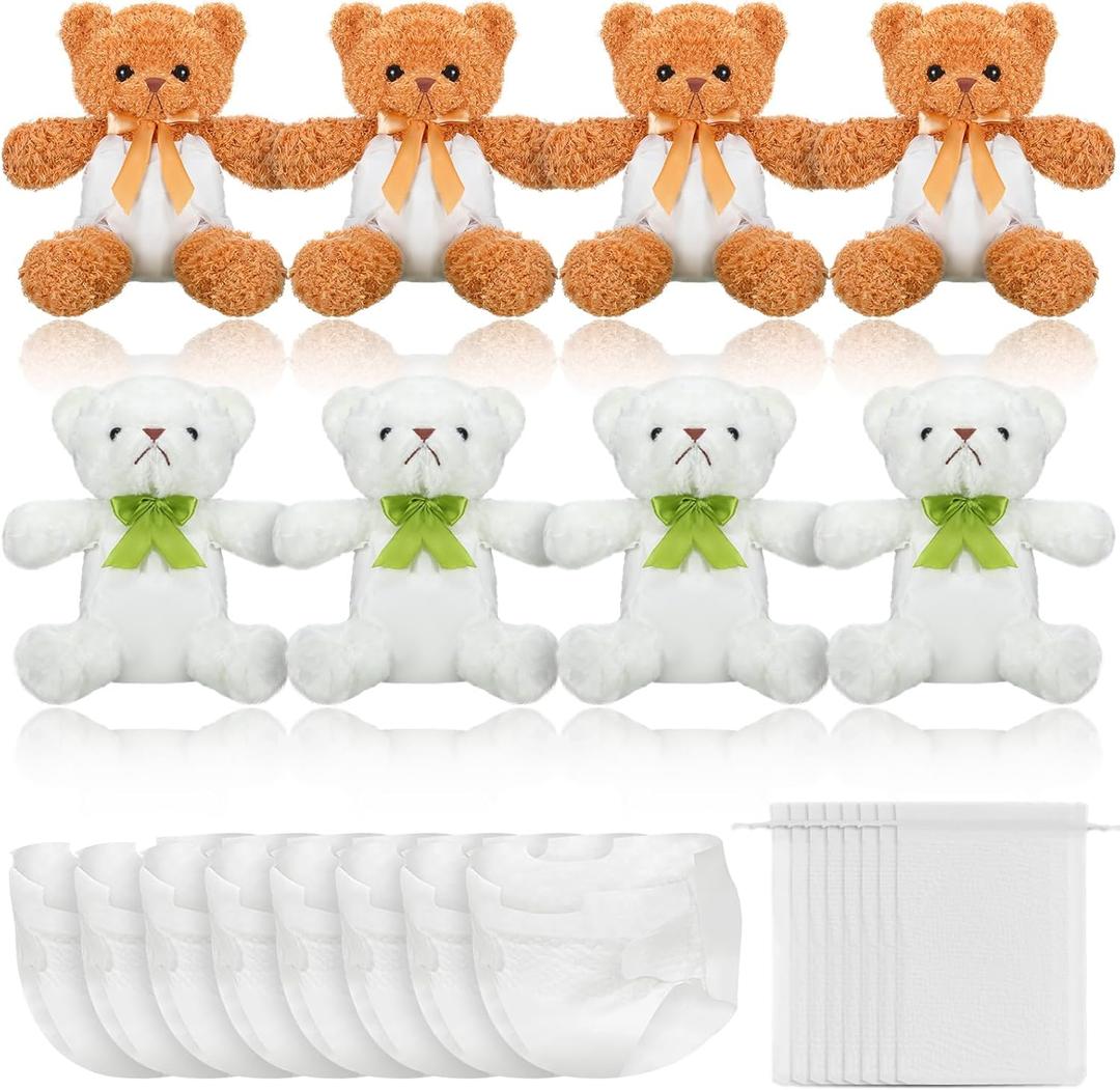 8 Sets Bear Blindfolded Diaper Changing Baby Shower Games Baby Dolls Diapers for Bridal Shower Gender Reveal Games Prizes Gifts for Adults Boys Girls (Brown,White)