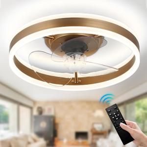 Modern Ceiling Fans with Lights, 16in Flush Mount Ceiling Fan with 6 Wind Speeds, Smart Bladeless Ceiling Fan Light with Remote for Bedroom, Living Room(Gold)
