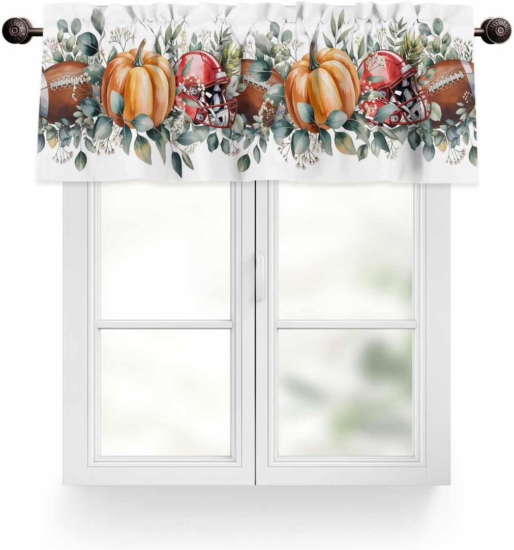 Fall Pumpkin Thanksgiving Valances for Windows Eucalyptus Leaves Rugby Helmet Valance Rod Pocket Window Treatments Curtains for Kitchen Living Room Bedroom Bathroom, 54"x18" (White Dark Brown Pumpkin Orange)