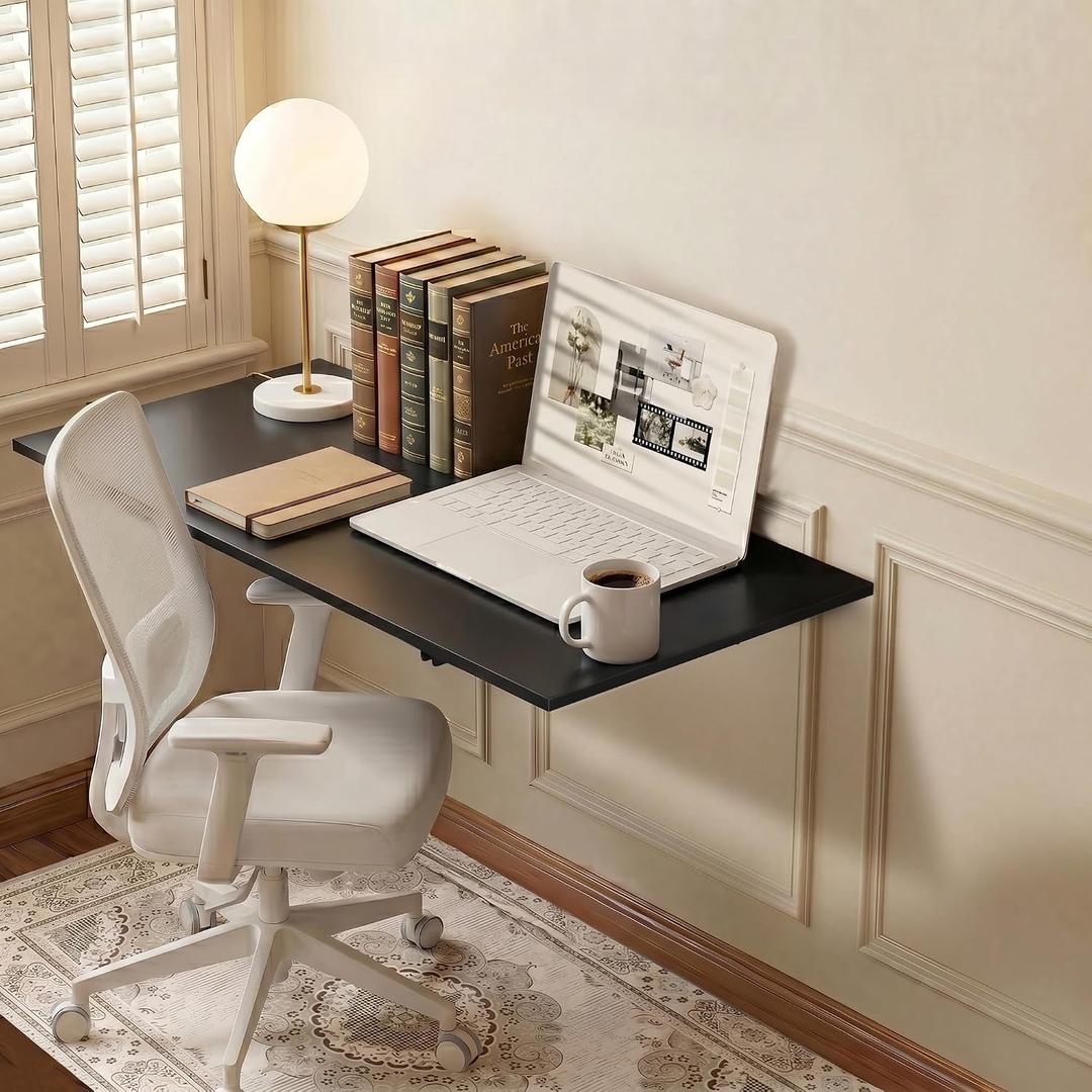 GOYLSER Wall Mounted Desk Folding Table Laundry Fold Table, Fold Down Work Bench, Foldable Mount Station for Floating Bar, Office, Dining Room, Kitchen, Black, 35" x 20.5"