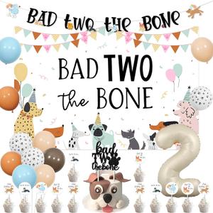 Bad Two The Bone Party Decorations, Dog 2nd Birthday Party Decorations Backdrop Banner Cake Cupcake Toppers Paw Print Balloons for Bad 2 The Bone 2 Year Old Puppy Themed Birthday Party