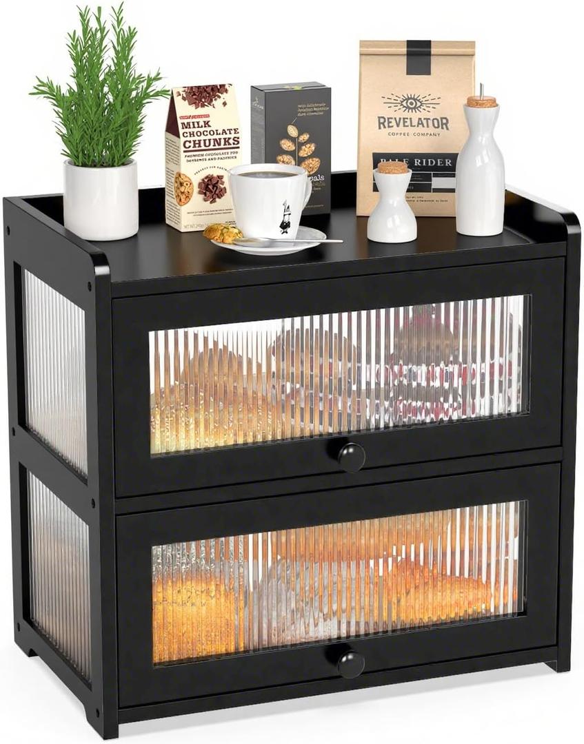 BAMBANG Extra Large Bamboo Bread Box for Kitchen Counter, Double Layer Bread Storage Container Farmhouse Bread Box with 4 Sides Transparency, Breadbox Bin Holder for Homemade Bread, Black (Black-Flip Doors)