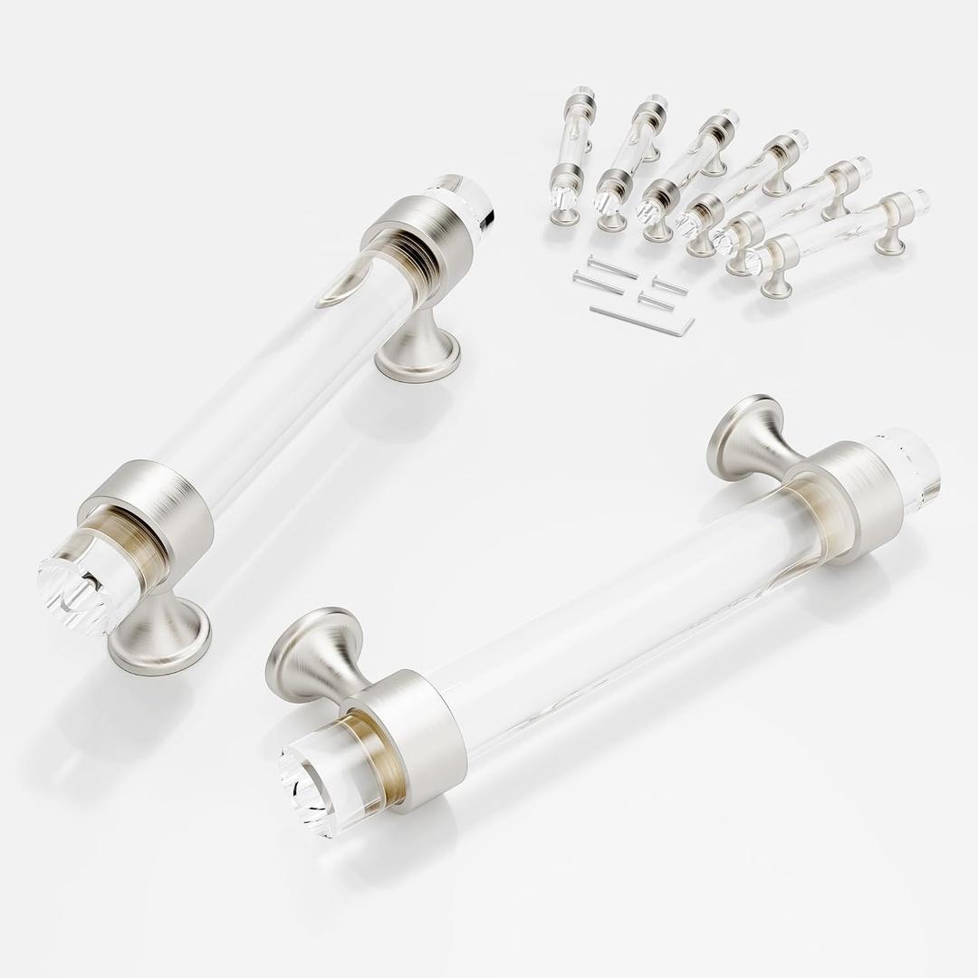 6 Pack Cabinet Handles and Pulls for Cabinets and Drawers, Kitchen Bathroom Bedroom Brushed Nickel Pull Door Handle Distance Glass Crystal Knobs 96mm
