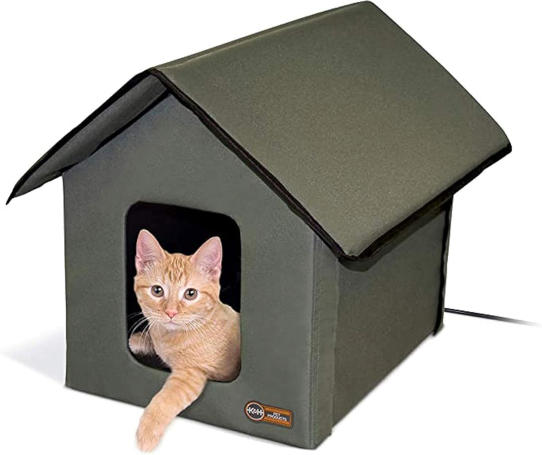 K&H Pet Products Heated Outdoor Cat House for Outside Pets in Winter, Weatherproof Outdoor House for Ferals, Insulated Kitty Shelter, 2 Doors, Waterproof Heated Cat Bed, Safety Listed - Olive/Olive