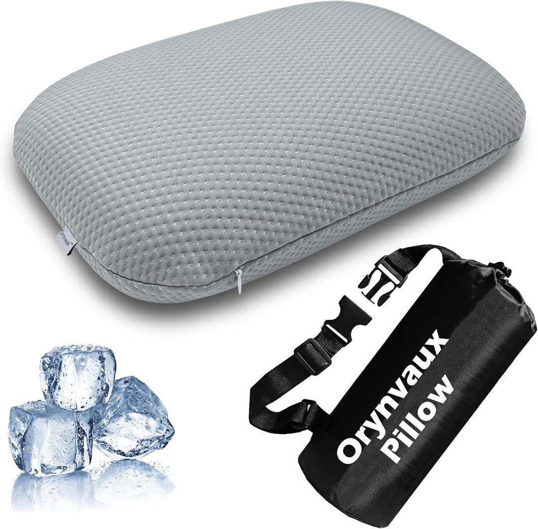 Cooling Camping Pillow, Memory Foam Travel Pillow with Adjustable Buckle Strap & Storage Bag, Compact Small Pillow for Airplane, Car Lumbar, Office, Washable Cooling Cover, Quarry Grey, Small 14.9*10.2*3.6in