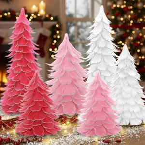 6 Pcs Christmas Feather Tree with Glitter Tips Tabletop Feather Xmas Tree Centerpieces Table Desk Christmas Decorations for Home Winter Wedding Party, 6", 8", 12"(Pink,Silver)
