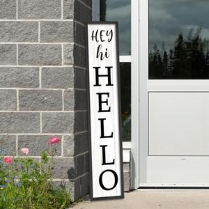 ZZJJHYWGQ Hey Hi Hello Welcome Sign For Front Porch Standing 45"X9" Large Outdoor Vertical Tall Wood Frame Wall Decor for Outside Home Front Door Board (Black)