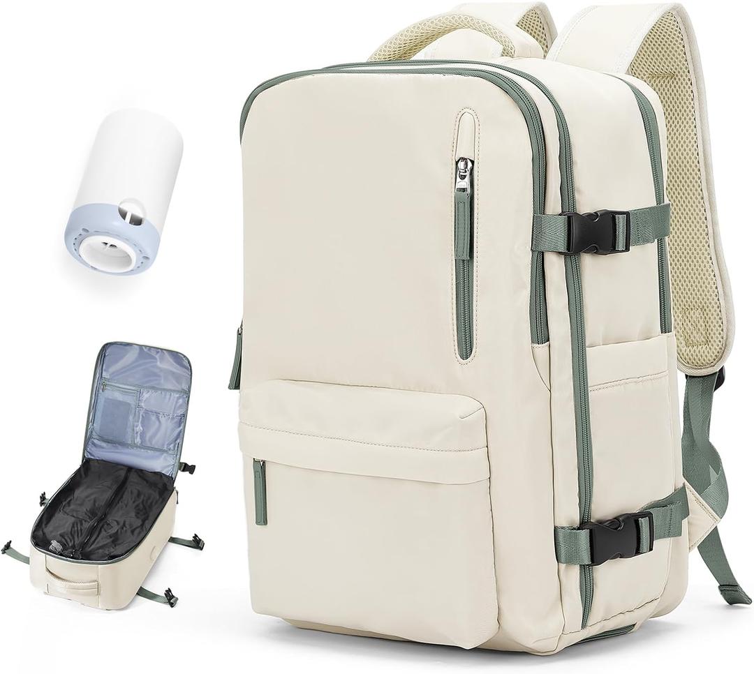 Vacuum Travel Backpack with Pump for Women, Personal Item Carry on Backpacks Flight Approved 18x14x8 inches for Men,Laptop Waterproof Work Compression bags Casual Daypack BeigeGreen (Medium)