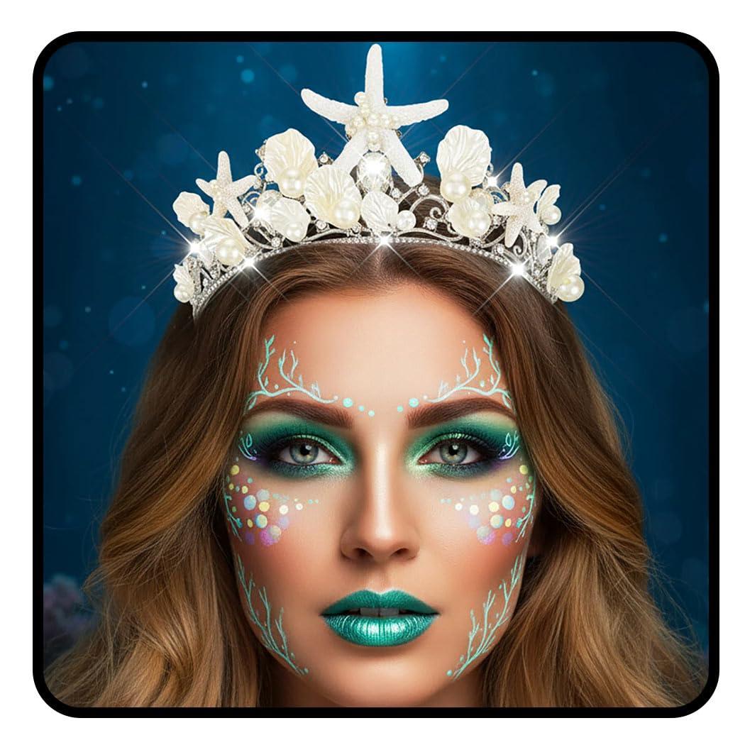 JEAIRTS Starfish Mermaid Crown Silver Sparkly Rhinestone Pearl Tiara Headpiece Shell Costume Hair Accessories for Women