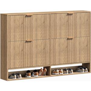 Hootata 47.2W Oak Shoe Storage Cabinet for Entryway with 4 Flip Drawers, Fluted Slim Shoe Cabinet, Free Standing Wooden Shoes Organizer for Foyer, Hallway