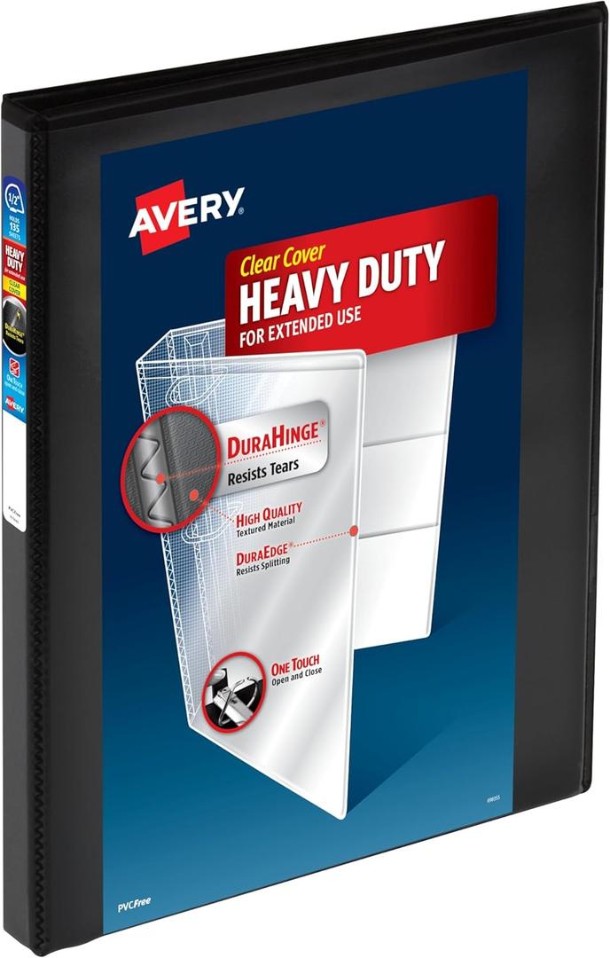 Avery Heavy-Duty View 3 Ring Binder, 0.5 Inch One Touch Slant Rings, 135-Sheet Capacity, DuraHinge, 0.7 Inch Wide Spine, Customizable Clear Cover and Spine, 1 Black Binder (79381)