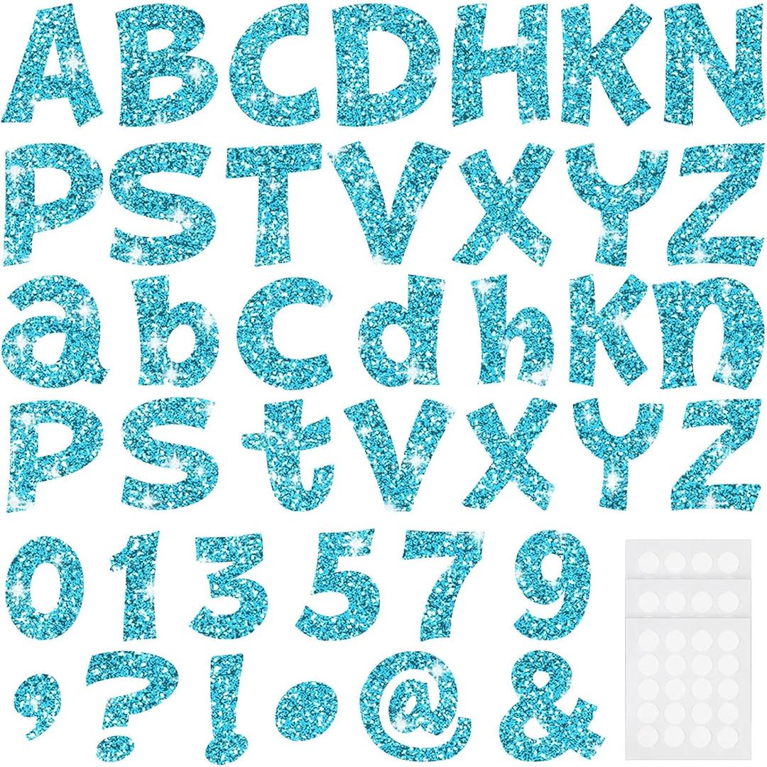 Colarr 216 Pcs Glitter Bulletin Board Letters for Classroom Numbers Alphabet 4 Inch Poster Board Letters with Adhesive Dots Punctuation Symbols Cutout Bulletin Display School Decor(Light Blue)