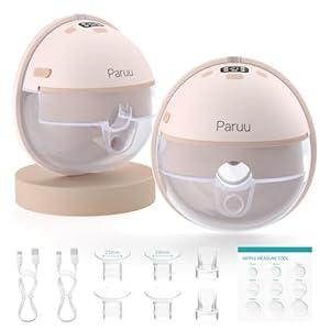 Paruu Hands Free Breast Pump P16, Wearable Breast Pump Electirc Portable with 4 Modes & 12 Levels, Max 309mmHg Strong Suction 19/21/24mm Flange Inserts Wearable Breastfeeding Pump, 2 Packï¼ˆNude