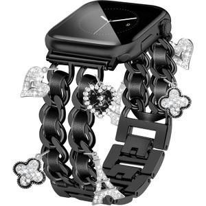 Black Watch Bands for Women Compatible with Apple Watch Band 46mm 42mm(S3/2/1) 44mm 45mm 49mm Adjustable Unique Charms Metal Strap Cowboy Chain Bracelet iWatch Series 11/10/9/8/7/6/5/4/3/2/1/SE/Ultra