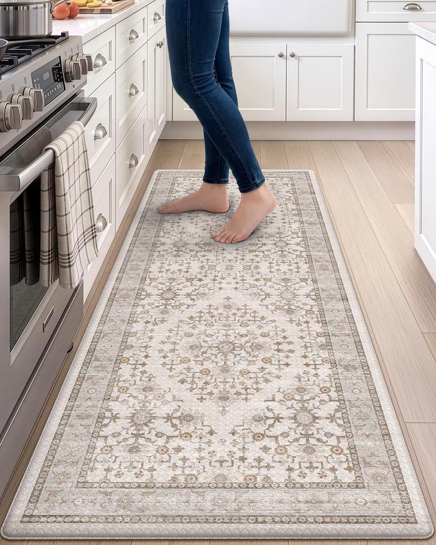DEXI Kitchen Floor Mats Cushioned Anti Fatigue Runner Rug, 23x59 | Beige/White Soft Comfort Memory Foam, Easy Care, Waterproof, Standing Padded for Front Sink Laundry Office Farmhouse, 59"L x 23"W x 0.4"Th