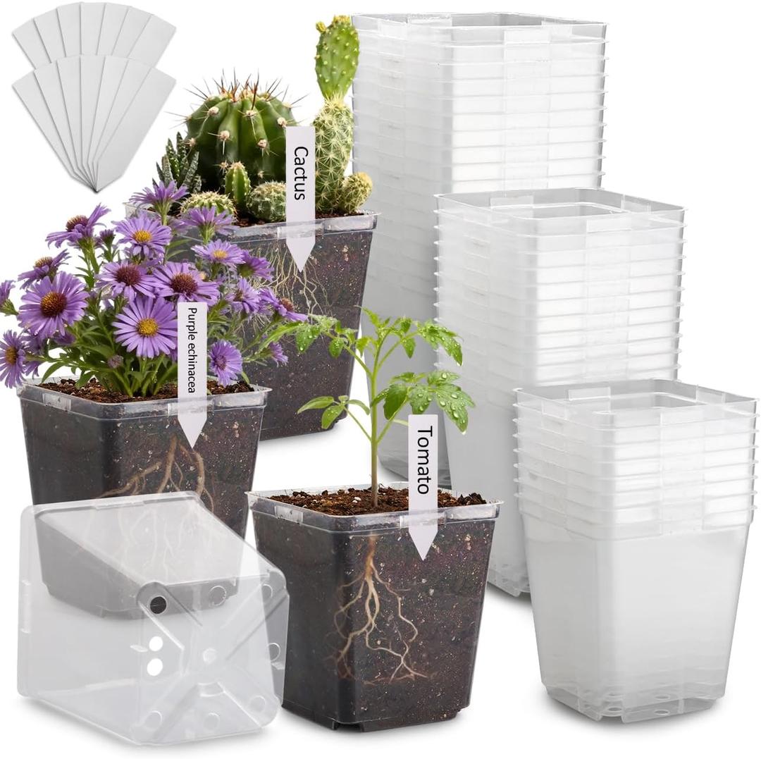 5.5 Inch Clear Square Nursery Pots with Drainage & Labels, 30Pcs Reusable Seed Starter Pots for Vegetables, Indoor Outdoor Gardening, Thick Transparent Plastic Plant Pots for Seed Starting