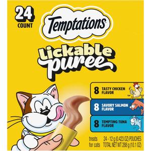 Temptations Creamy Puree Squeezable Lickable Cat Treats, Wet Cat Treats with Chicken, Salmon, and Tuna Variety Pack, 0.42 oz. Tubes, 24 Count, BB 9/11/2027