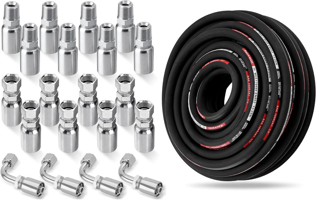 100FT 1/2" Hydraulic Hose with 24PCS Hydraulic Hose Fittings
Working Pressure 5800 PSI, SAE 100 R2AT 2-Wire Braided Hydraulic Tube with JIC Female & NPTF Male & JIC Female Elbow Fitting