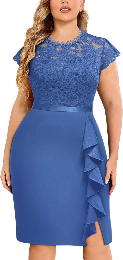 Miusol Women's Plus Size Floral Lace Contrast Ruffles Split Evening Cocktail Dress (XX-Large Plus, Blue)
