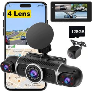 4 Cameras 1080P Dash Cam 4 Lens 3 Inch IPS Screen Car Black Box WiFi APP Control G-Sensor Car Driving Video Recorder Free 128GB TF Card