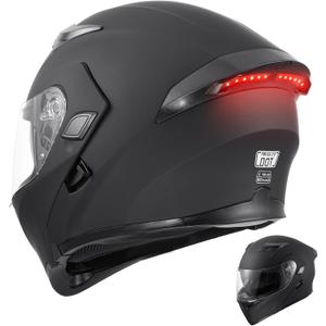 DOT Modular Motorcycle Full Face Helmet Flip-Up Dual Visor, Lightweight & DOT Approved, Matte Black (Large, Modular Helmet With Rear LED Lights)
