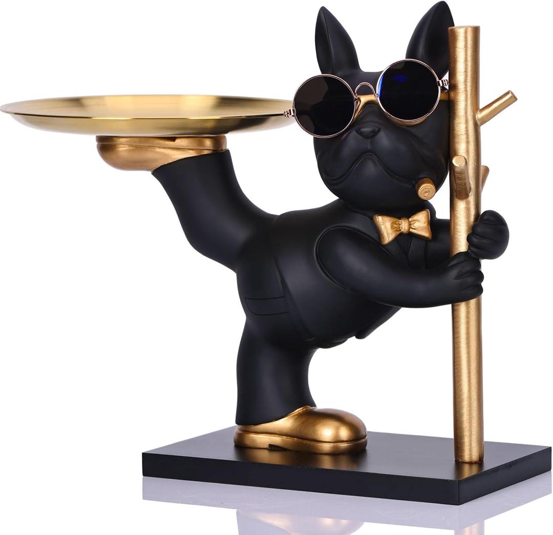 Resin Bulldog Tray Statue, Entrance Multi-Purpose Holder for Keys, Candy, Jewelry, and Earrings - Perfect for Home Decor, Modern Art, Dining Table, Office Desk, Entryway Decor (Black)