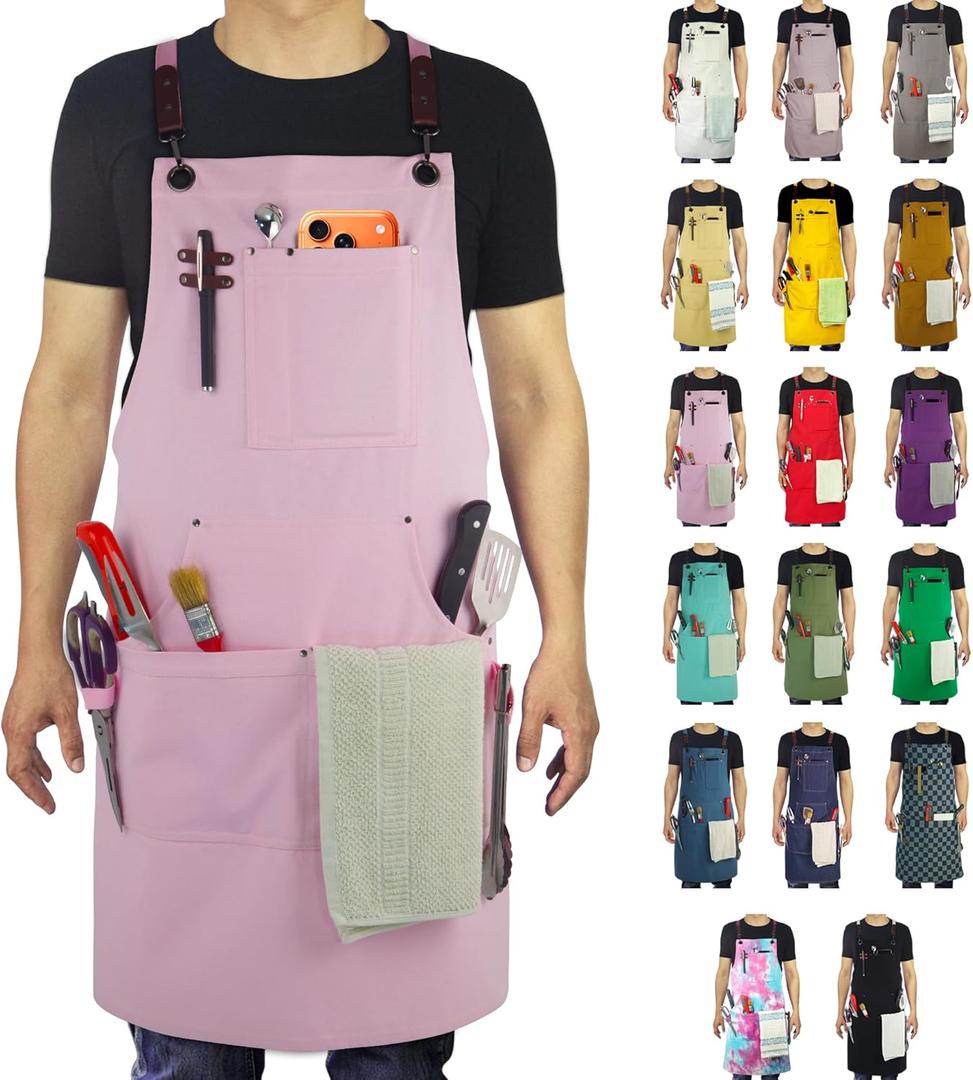Kitchen Apron, Work Apron, Canvas, Multiple Pockets, Gardening, Painting, BBQ, Artist, Carpenter, One Size (Sizes M to XXL) Pink