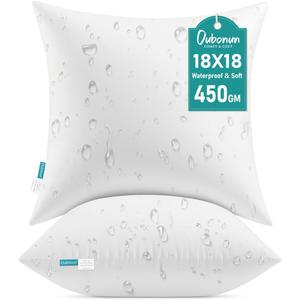 Oubonun 18x18 Waterproof Outdoor Pillow Inserts  Set of 2 Soft & Fluffy, Water Resistant Throw Pillows for Patio, Garden, Porch, or Indoor Decorative