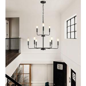 AFQEJG LED Chandelier for Living Room Black Metal Pendant Chandeliers Light Fixtures for Dining Room Entryway High Ceiling Lights 9-Light