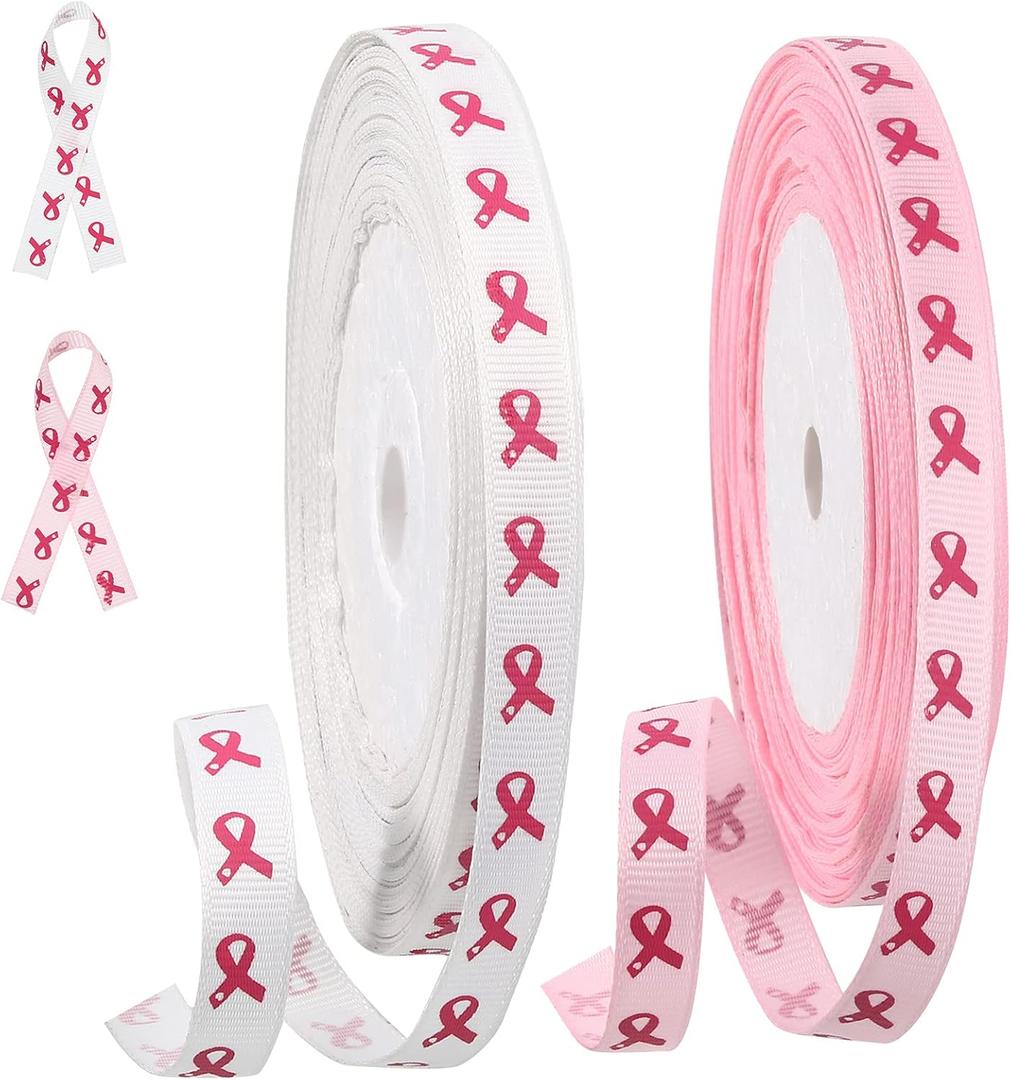 2 Rolls 60 Yards Total Breast Cancer Awareness Ribbon Pink Craft 3/8 Inch Thin Grosgrain Ribbon Breast Cancer Decorative Fabric Hair for Wrapping DIY Bow Making Supplies
