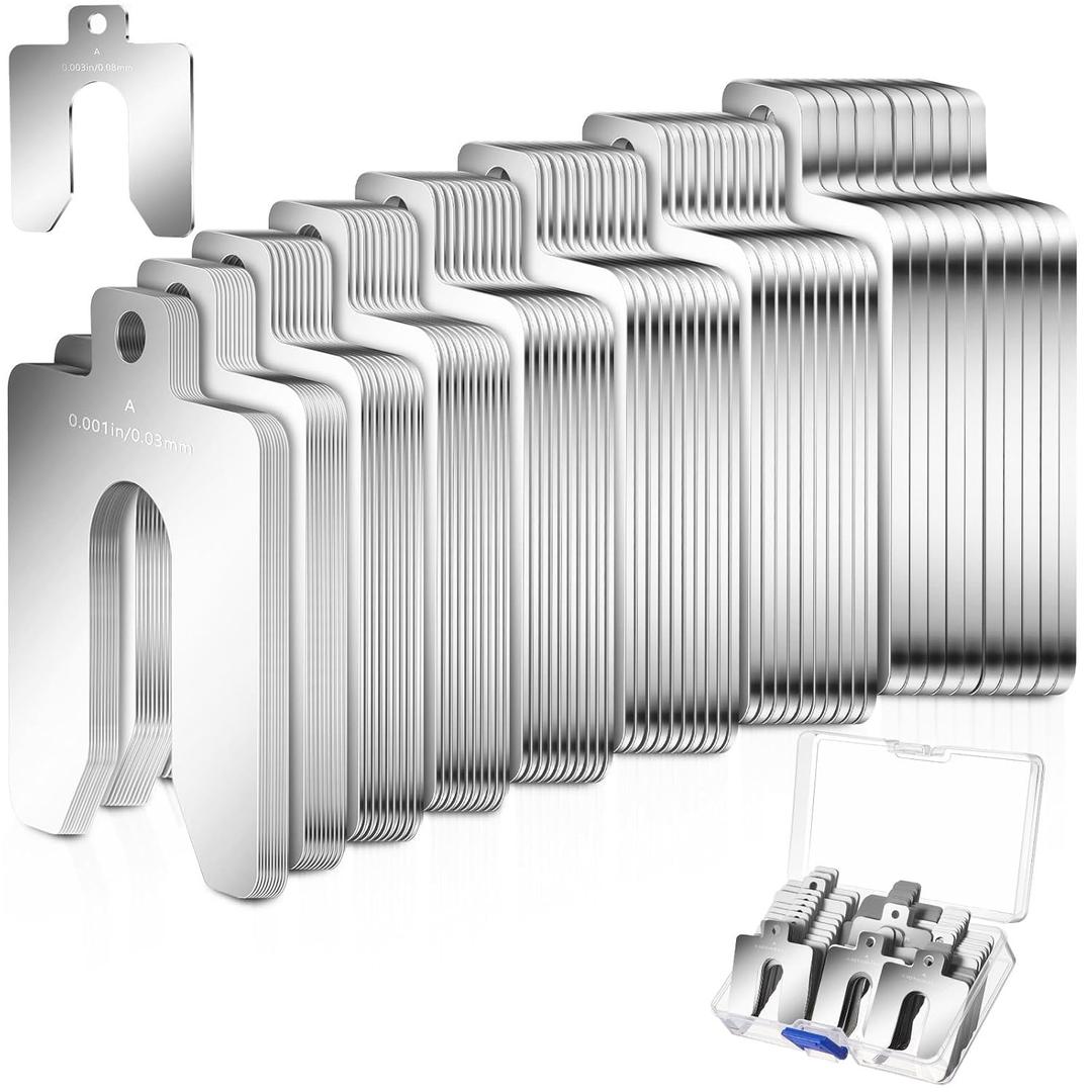 Shimeyao 80 Pcs Size A 2" x 2" Stainless Steel Slotted Shims Kit Composite Metal Shims Stock for Leveling Assortment with Storage Box for Wood Battery Terminal Door Machinist Motor Shop Replacement