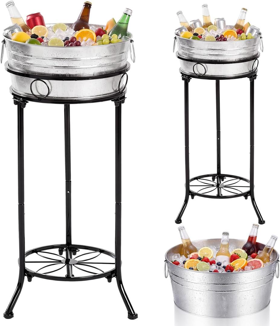 Fumete Galvanized Beverage Tub with Stand Champagne Ice Bucket Stand, 1 Set (EXP 12/31/36)