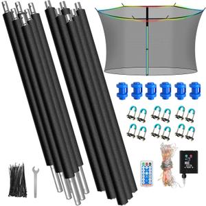 6PCS Trampoline Replacement Poles and 14FT Enclosure Net with Solar Light, Universal Trampoline Replacement Net and Enclosure Pole with Caps & Hardware, Fits 14FT Round Frame with 6 Straight Pole