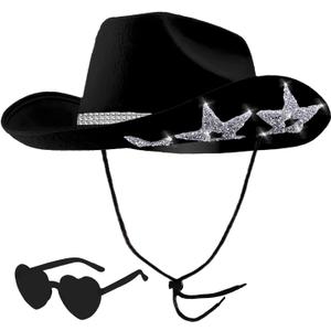 Cowboy Hats with 6 Sequins Stars & Tiara Belt for Women Rodeo Party Hats with Heart Shaped Sunglasses (Black)