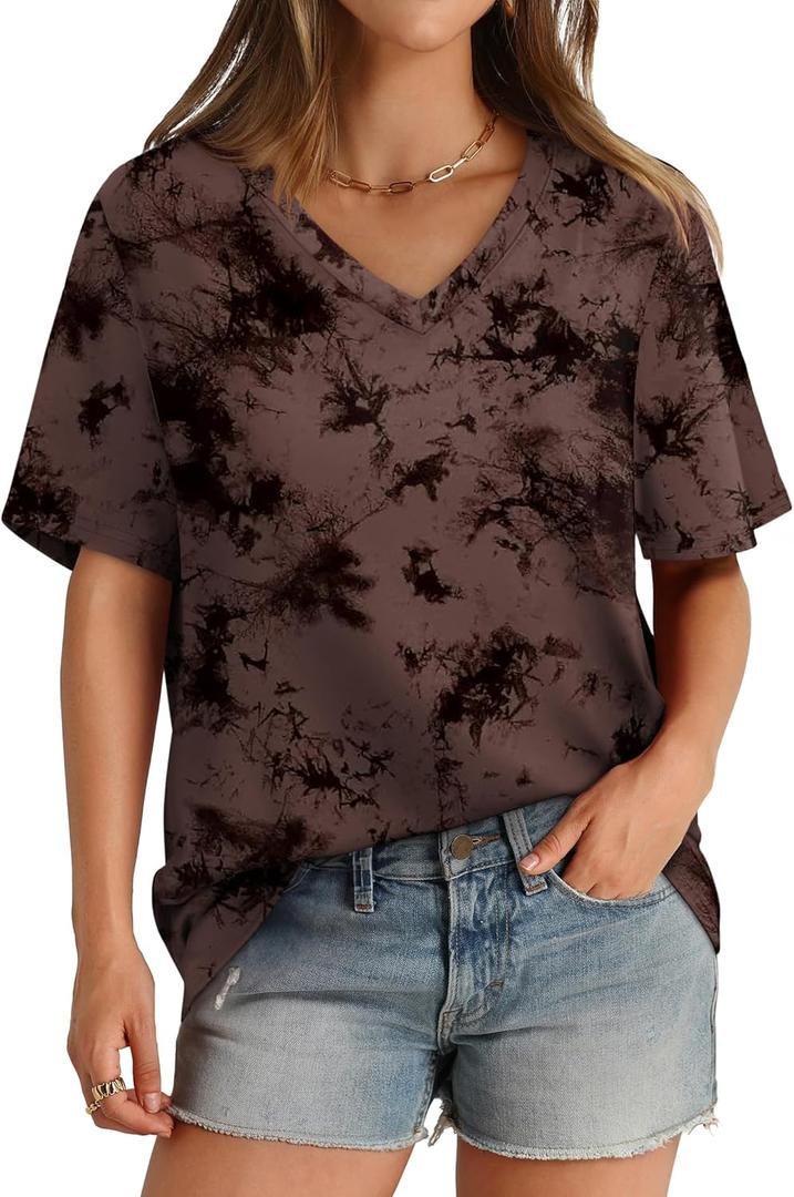 Aokosor Womens V Neck Short Sleeve T Shirts Summer Tops 2025 Casual Loose Tees Trending Now (Size Medium, Tie Dye Brown)