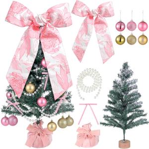 35.5 Inch Coquette Christmas Tree Table Decor Love DIY Mini Snowflake Xmas Tree Craft with Pink Bow Topper Balls Pearls for Girl Home Office Decoration