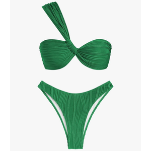 ZAFUL Women's One Shoulder Bikini Twisted Ruched High Cut Bandeau Bikini Set Two Piece Swimsuit Size "M"