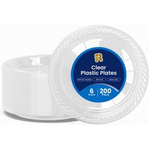 R-kay 200 Pack, 6 Inch Clear Plastic Plates - Heavy Duty Small Dessert Plates - Microwavable Small Appetizer Plates