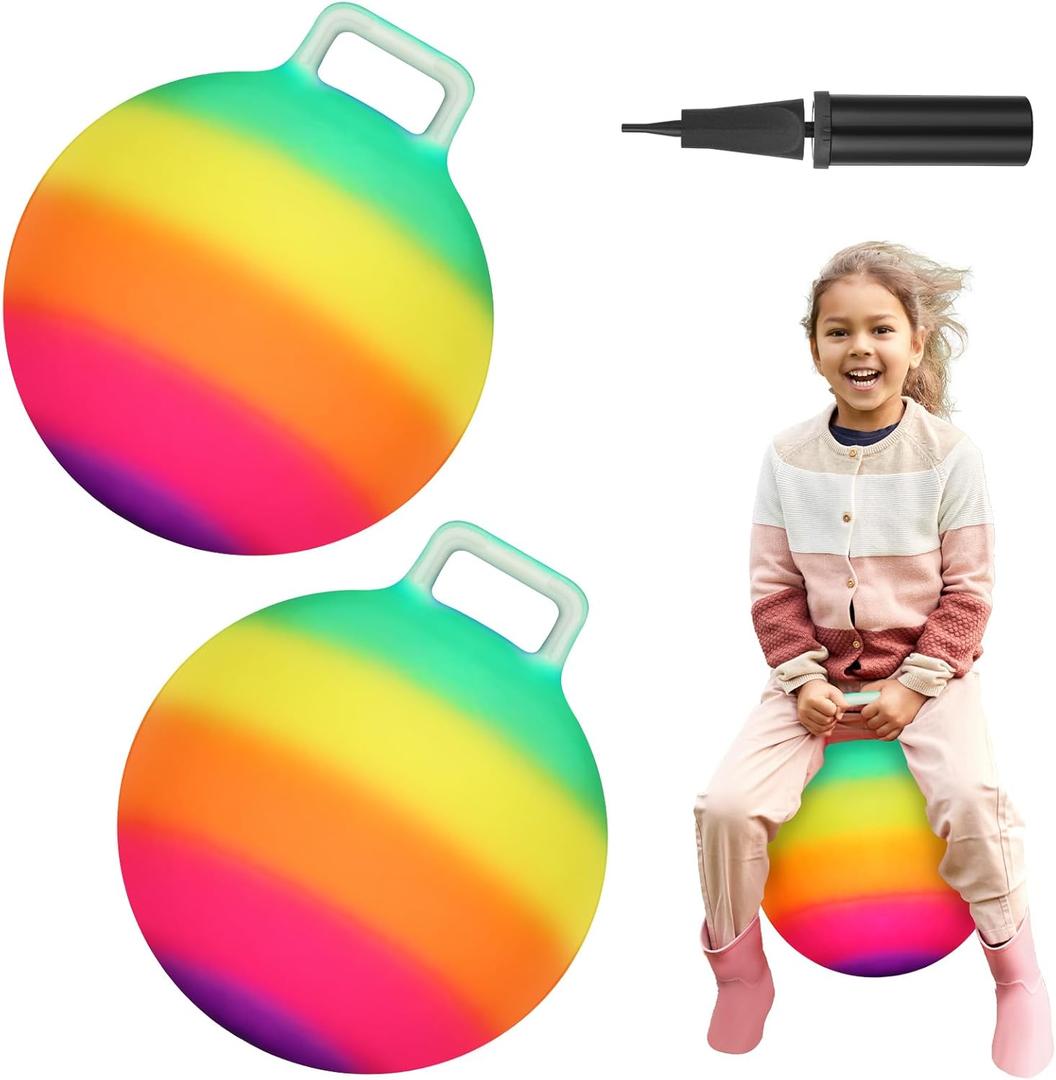Poen 2 Pcs Bouncing Ball with Handle, Hopper Jumping Hopping Ball with Air Pump for Games(18 Inch,Rainbow)