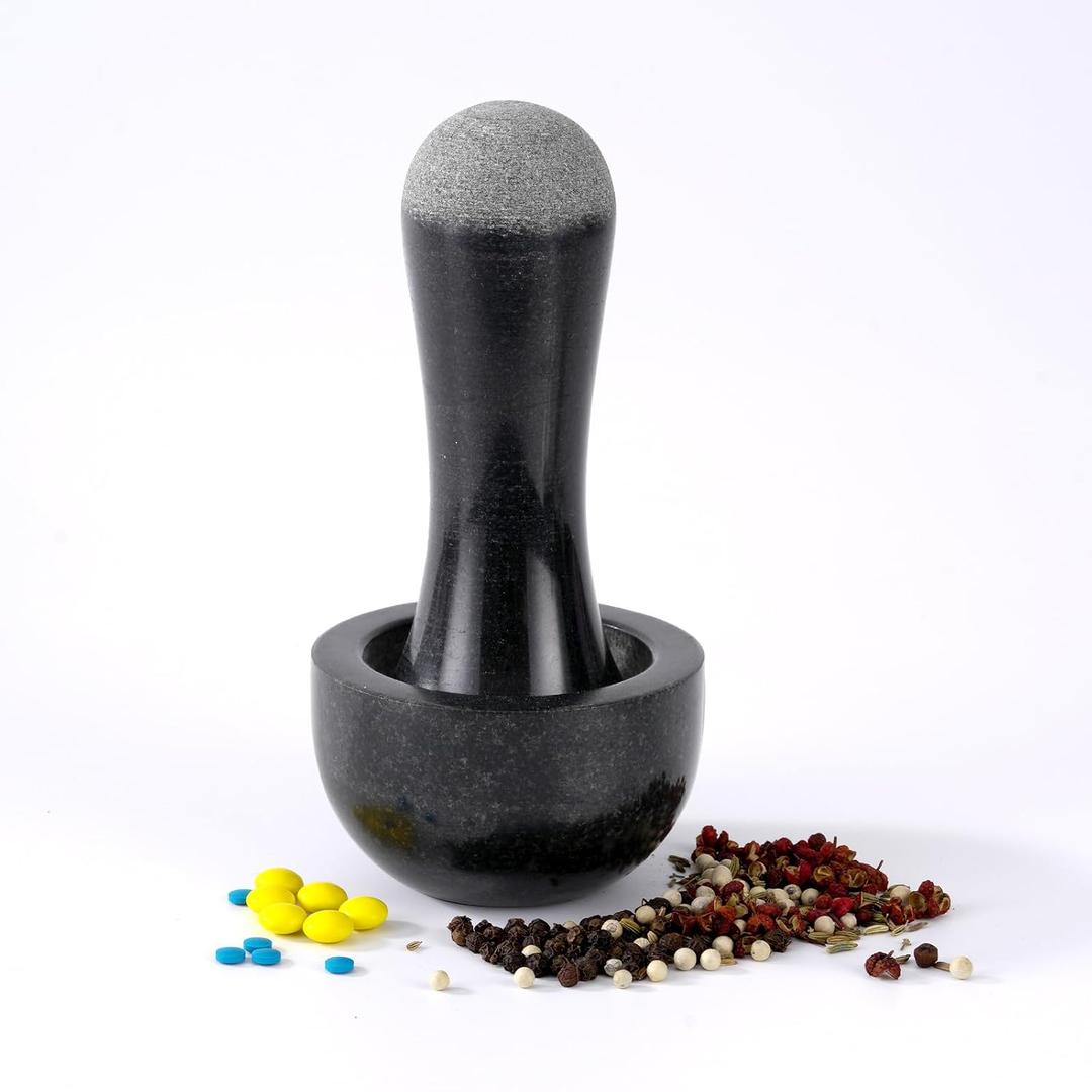 Tianman Small Mortar and Pestle Set 3.2 Inch.1/3 Cup.Mini Marble Grinder with Brush for Pills Herbs Spices,Easy to Grip.Efficient Grinding.Universal Dual Head Grinding Pestle.(Granite Black Polished)